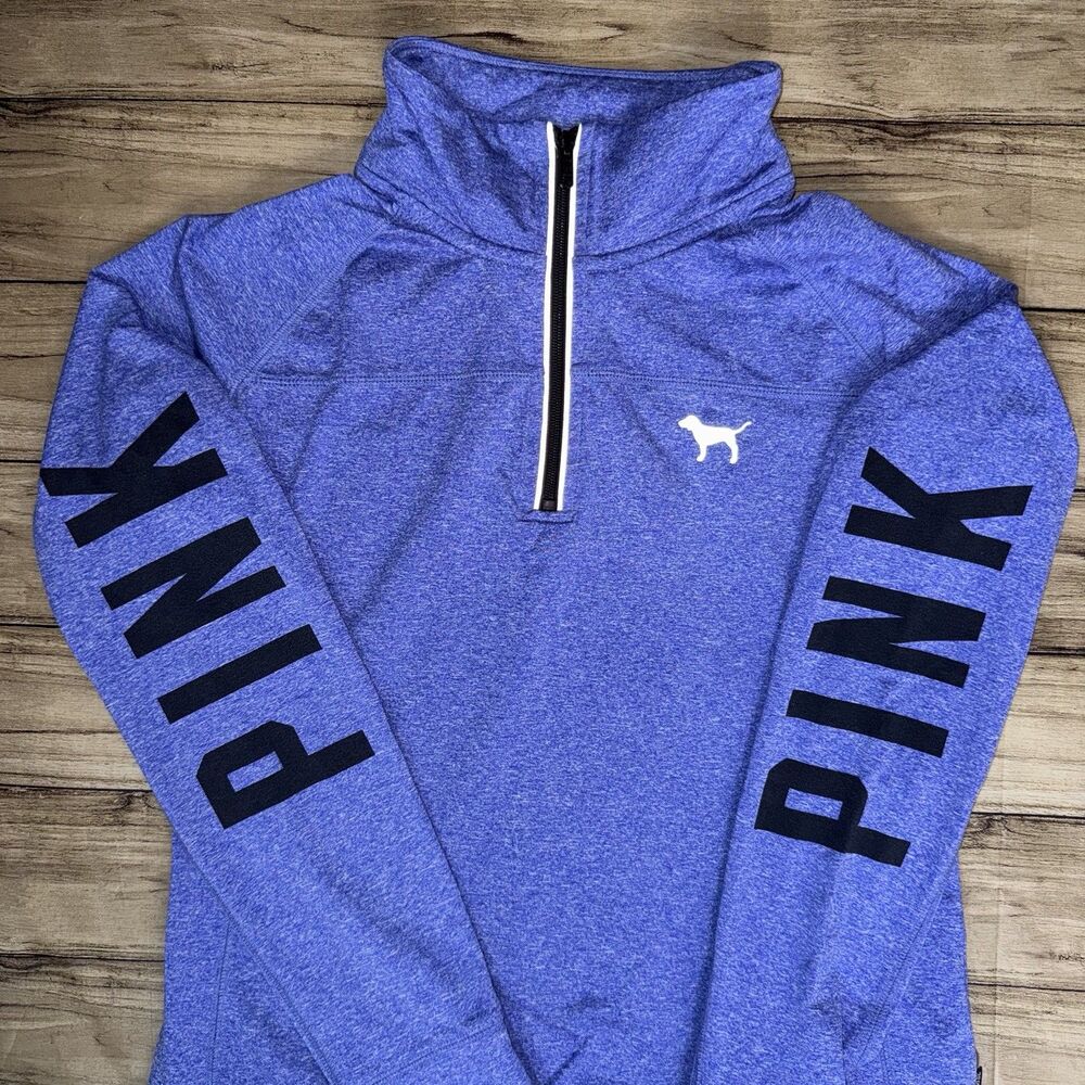 Victoria's Secret Pink Small Blue 1/2 Zip Logo Pullover Long Sleeve Sweatshirt